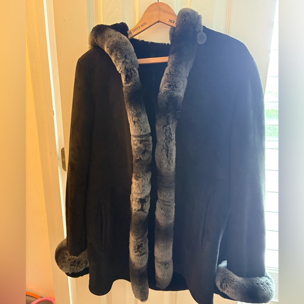 Luxurious genuine shearling jacket with rabbit trim